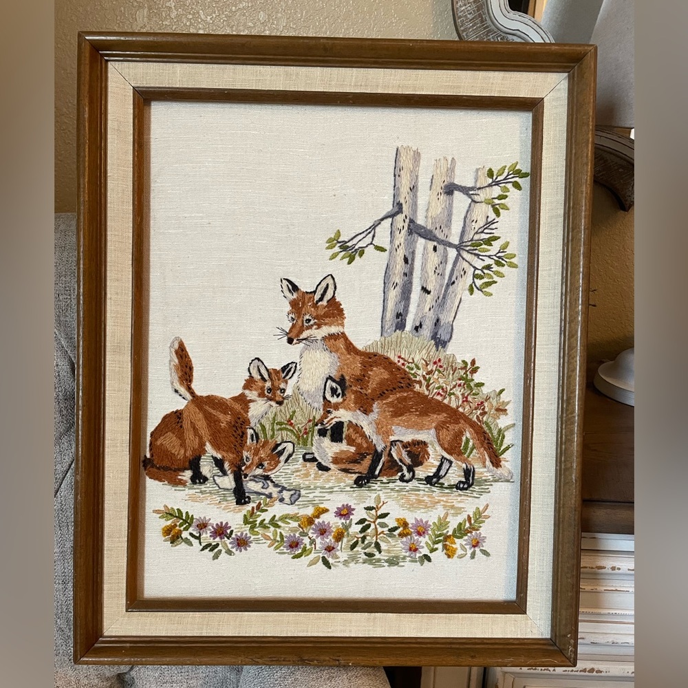 Vintage Embroidered Fox Framed Wall Art